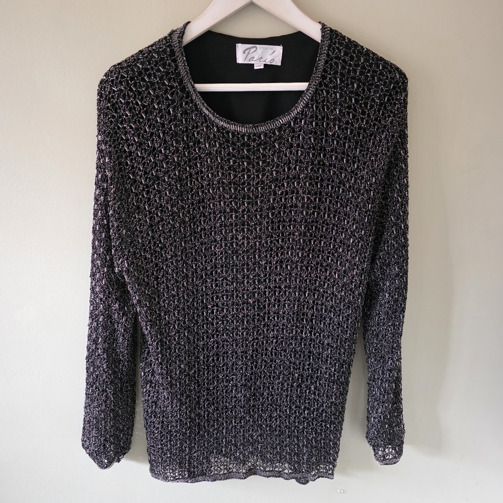Style De Paris L Vintage 90s Old Money Disco Glam Metallic Beaded Mesh Knit Top